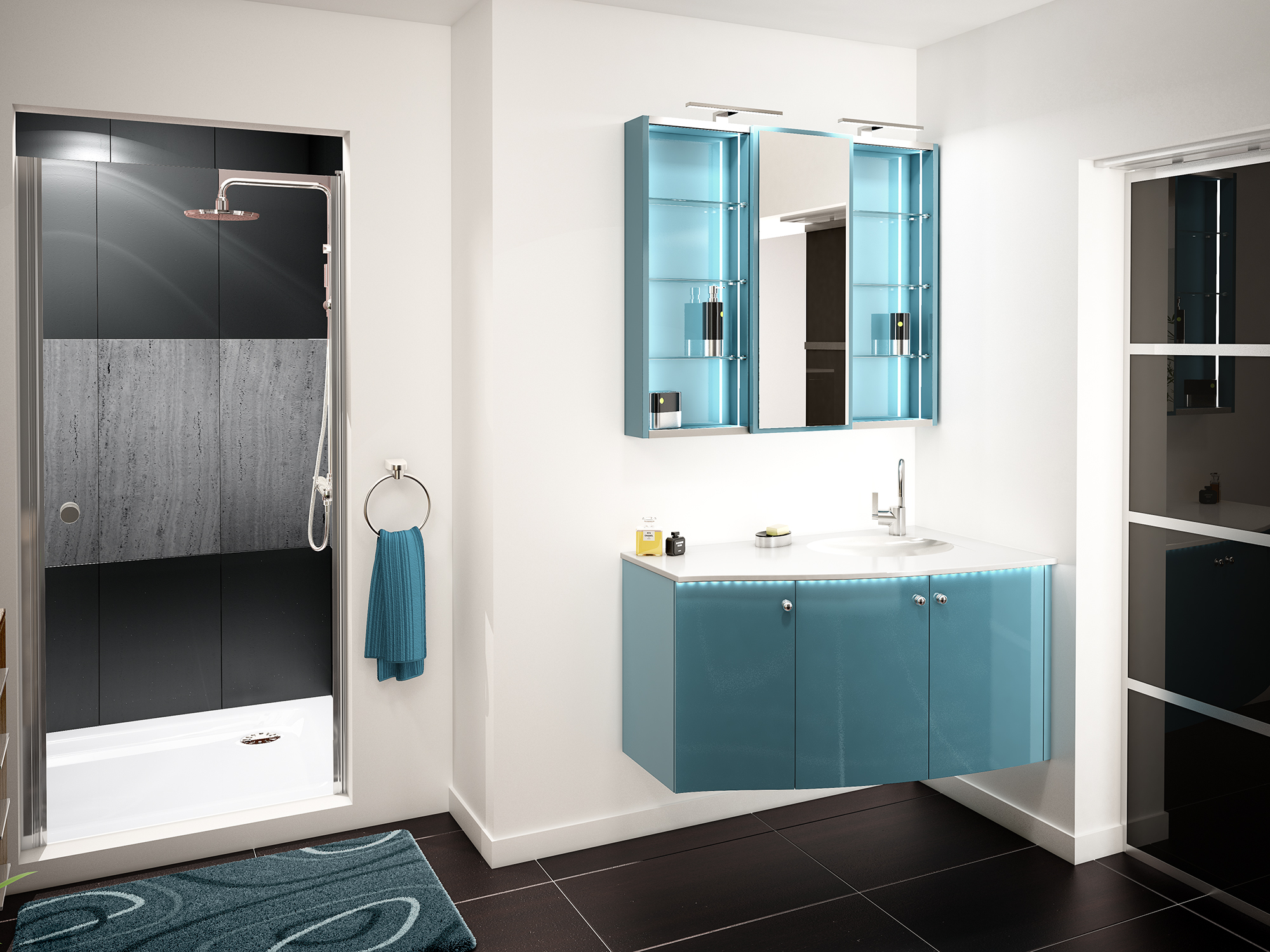 Aménagement salle de bain Antares bleu, blanc et noir | Nodin Agencement Alixan (Drôme), Saint-Romans (Isère) et Ardèche